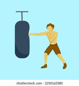 Flat art characters illustration sportsman  punching sandbag. Male sport for your concept design 