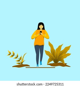 Flat art characters illustration women is using a phone.female characters walking 