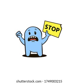 flat art color illustration of an outraged blue cartoon character with a protest poster with the word stop in his hand