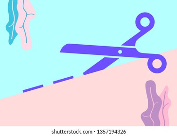Flat art design graphic icon of scissors with cutting line on pink and blue pastel background