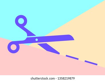 Flat art design graphic icon of scissors with cutting line on pink and blue pastel background