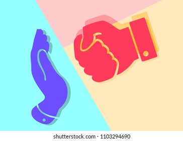 Flat art design graphic image of icon peace hand gesture, stop the red fist of violence on pink and blue background. concept of fighting the abuse of the strong over the weak