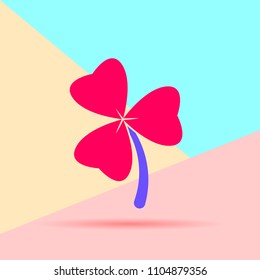 Flat art design graphic image of clover with three leaves sign on pink and blue background. 