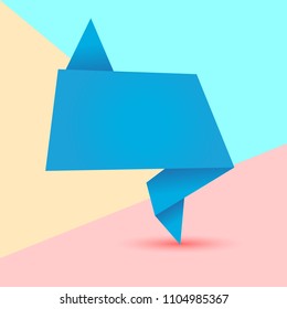 Flat art design graphic image of blue origami tick banner on pink, yellow and blue background