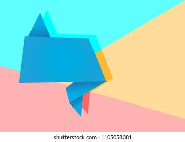 Flat art design graphic image of blue origami tick banner on pink, yellow and blue background