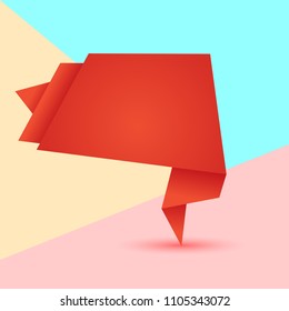 Flat art design graphic image of red origami tick banner on pink, yellow and blue background