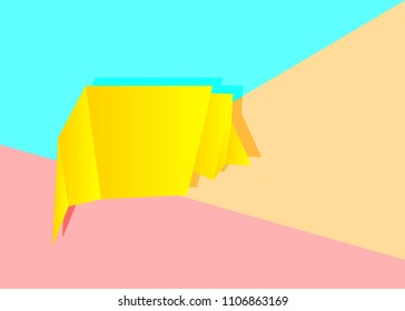 Flat art design graphic image of yellow origami tick banner on pink, yellow and blue background
