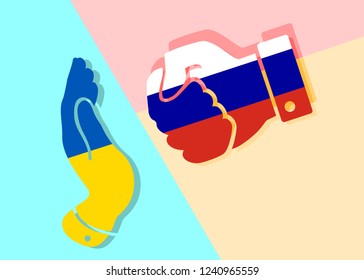 Flat art design graphic image of concept depicting protection from aggressor, in this case hand painted in Ukrainian flag is protected from fist painted in the colors of Russian flag