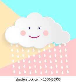 Flat art design graphic image of happy cloud with rain drops (baby shower concept) on pink and blue pastel background