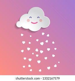 Flat art design graphic image of happy cloud with herats (baby shower concept) on pink and violet gradient pastel background