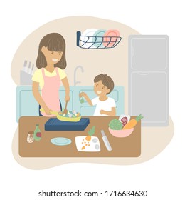 flat art design int theme of family, motherhood,children,home learning, knowledge. Mother and son are cooking at home together