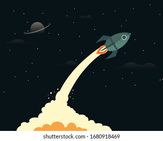 Flat art design of a rocket launch at night.