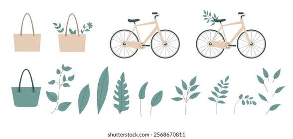 Flat art eco-themed set, including tote bags, bicycles with greenery.