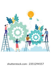 Flat Art Graphic Of 4 People Working On An Idea With Gear Vectors