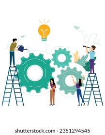 Flat Art Illustration Of 4 People Working On An Idea With Gear Vectors