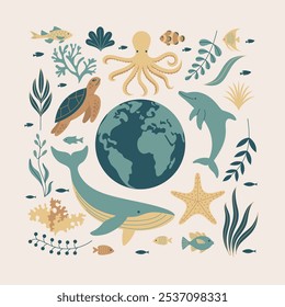 Flat art illustration featuring Earth surrounded by various ocean elements.