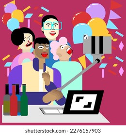 flat art of illustration fun selfie in modern office celebration