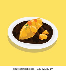 flat art isolated side way of OMU  tempura curry rice dish food menu vector concept illustration.