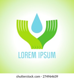Flaches Kunstlogo mit Hand, Wassertropfen, Umweltkonzept