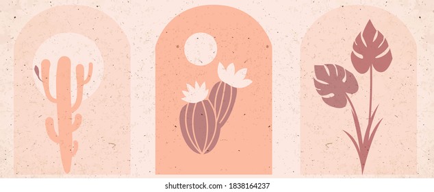 Flat art modern posters, plants.  Flat modern  design. Earth tones, pastel colors. Boho wall decor. Blooming cactus and palm branch.