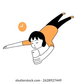 Flat art outline illustration a business woman complete task with short time deadline
