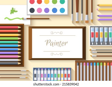 flat art painter workshop with paint supplies equipment tools background. Vector illustration design 