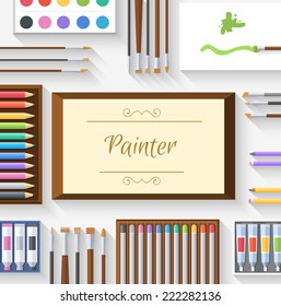 flat art painter workshop with paint supplies equipment tools background. Vector illustration design 