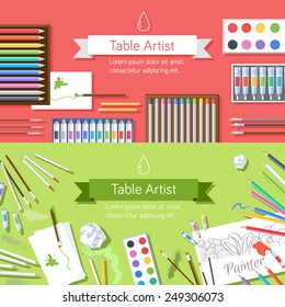 flat art painter workshop with paint supplies equipment tools background. Vector illustration design 