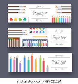 flat art painter workshop with paint supplies equipment tools banners. Vector illustration design 