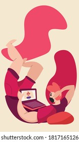 Flat art of a person lay down on a pillow talking to another person via computer during pandemic while wearing a mask. Liquid design background. 