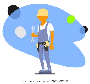 Flat art plumber with a wrench in special form. handyman of all trades.
