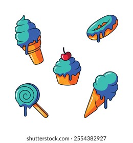 Flat art set of desserts, ice cream, cupcake, donut and candy. Sweet desserts cartoon Illustration, vector.