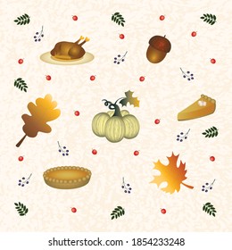 Flat art set with Thanksgiving symbols: pumpkin, turkey, pumpkin pie and Fall leaves. Autumn season greetings. Thanksgiving themed background