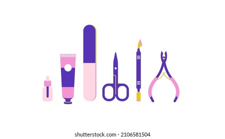Flat art set of  tools for manicure. Scissors, nail file, nail polish, cream. Drawn in a minimalistic candy color, bright, trendy colors are used. Pink, purple, yellow. Cool for the beauty industry