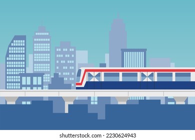 Vista lateral de arte plano del Skytrain con transporte público de fondo | Ilustración vectorial.