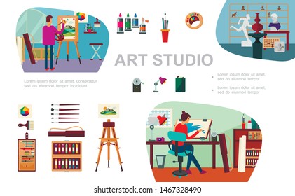 Flat art studio composition with female and male artists painting equipment sculptures camera lamp vector illustration