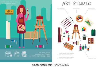Flat art studio concept with easel professional artistic tools and painter holding painting palette and paintbrush vector illustration
