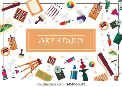 Flat art studio elements concept with sculpture vase tube easel lamp spray bottles pictures paintbrushes pencils vector illustration