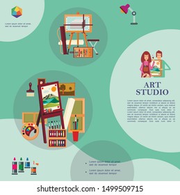 Flat art studio light template with artists lamp spray bottles professional painting and drawing equipment vector illustration