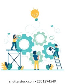 Flat Art Style Of 3 People Working On An Idea With Gear Vectors