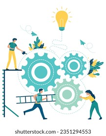 Flat Art Style Graphic Of 3 People Working On An Idea With Gear Vectors