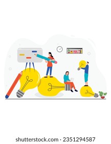 Flat Art Style And Working Illustration Of 3 Brainstorming Corporate People With Light Bulb And Business Vectors