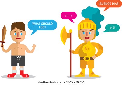 Flat art stylized illustration for language learning progress. Includs two characrers: confused newbie and experienced graduate. Fits for language cources.