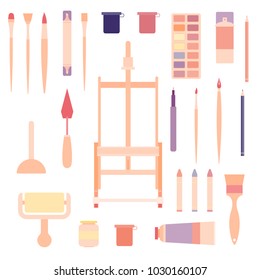 Flat art supplies icon set vector illustration in retro colors