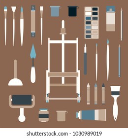 Flat art supplies icon set vector illustration in retro colors