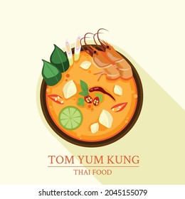 Flat Art Thai Spicy Sour Soup Food TOM YUM KUNG in Top view, Vector illustration.