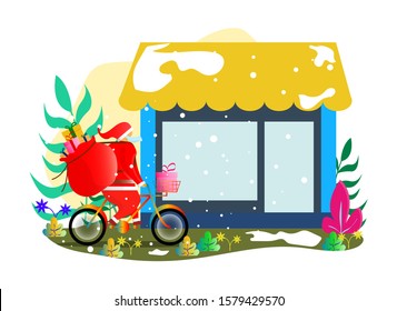 flat art, themed winter and merry christmas, santa claus distributes gifts -Vector