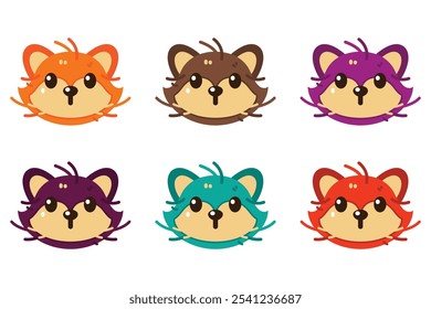 Flat art vector of a cute cartoon fox face in multiple colorways. Isolated and easy to use, perfect for your design projects.