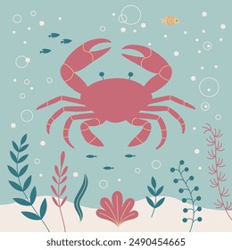 A flat art vector illustration featuring a pink crab.