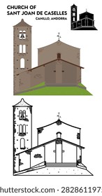 Flat art vector illustration of Sant Joan de Caselles medieval church in Canillo, Andorra. Famous historical landmark in Pyrenees mountains. European travel icon.